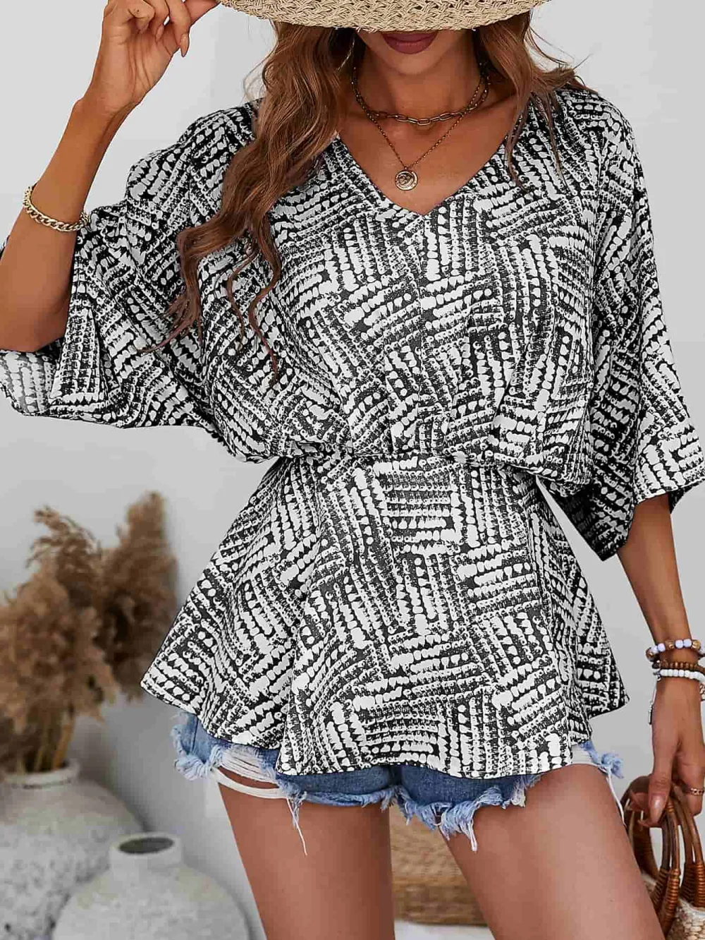 Casual Soft Printed V-Neck Blouse