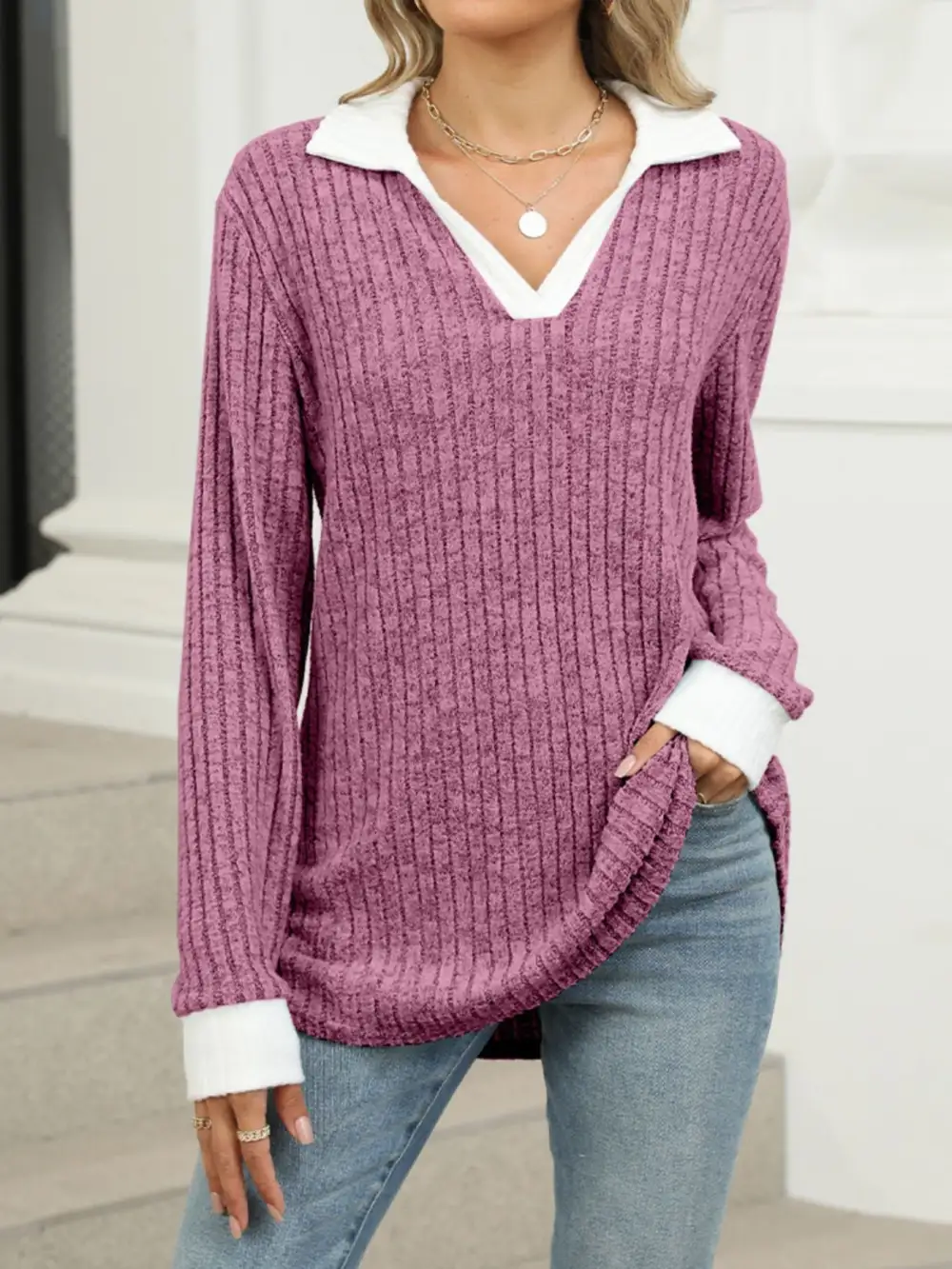 Modern Ribbed Knit Long Sleeve T-Shirt