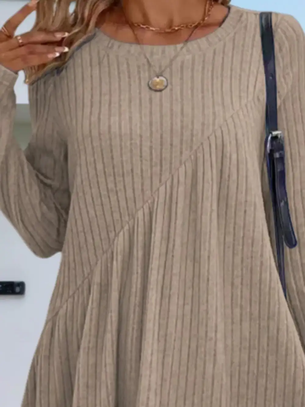 Layered Detail Ribbed Knit Long Sleeve Sweater Dress