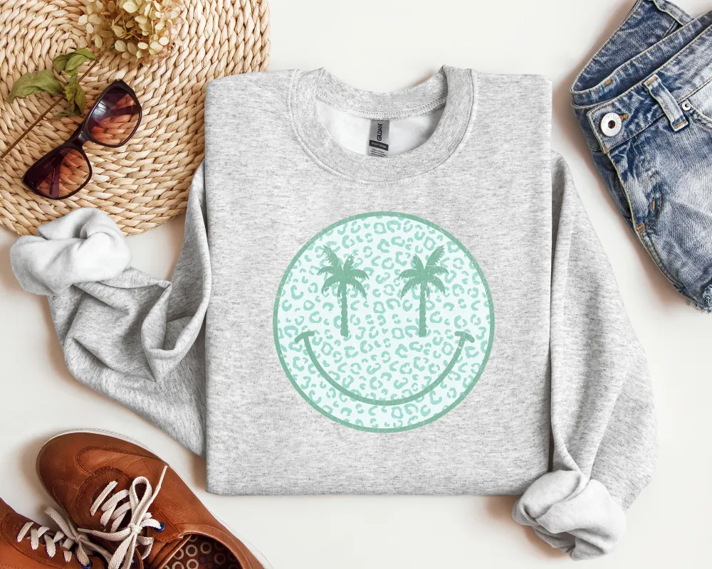 Palm Tree Smiley Graphic Crewneck Sweatshirt