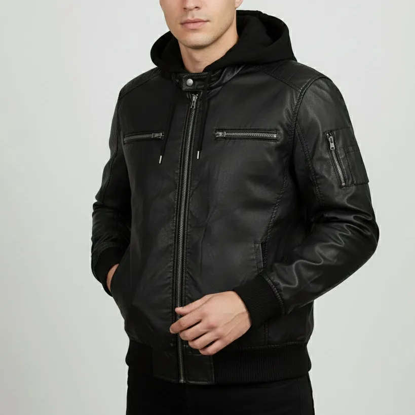 Leather Bomber Hooded Jacket