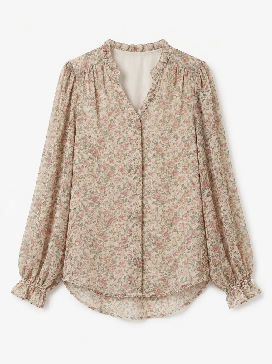Women's Vintage Floral Print Chiffon Ruffle V-Neck Blouse