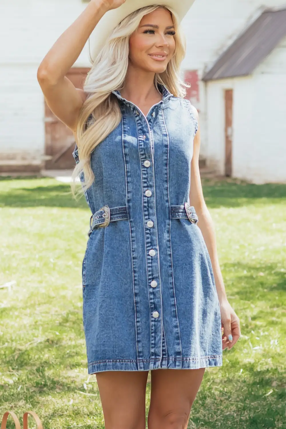 Polished Detail Denim Button Front Sleeveless Dress