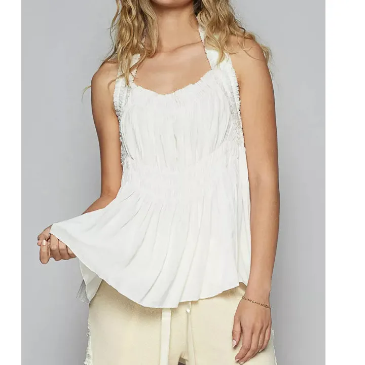 Backless Halter Sleeveless Top With Smocking Shirring