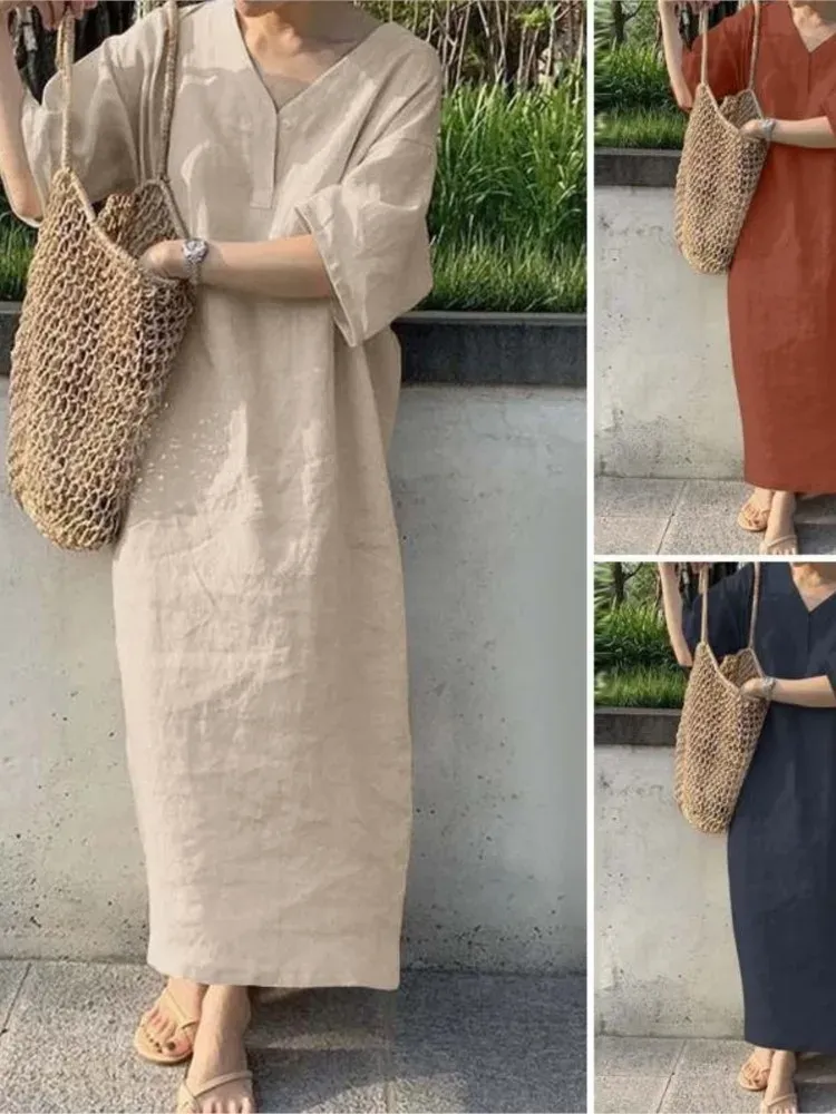 V-Neck Short Sleeve Linen Blend Maxi Dress