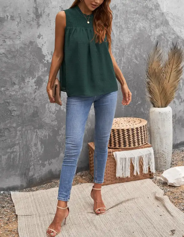 Balanced Swiss Dot Smocked Crew Neck Tank Top