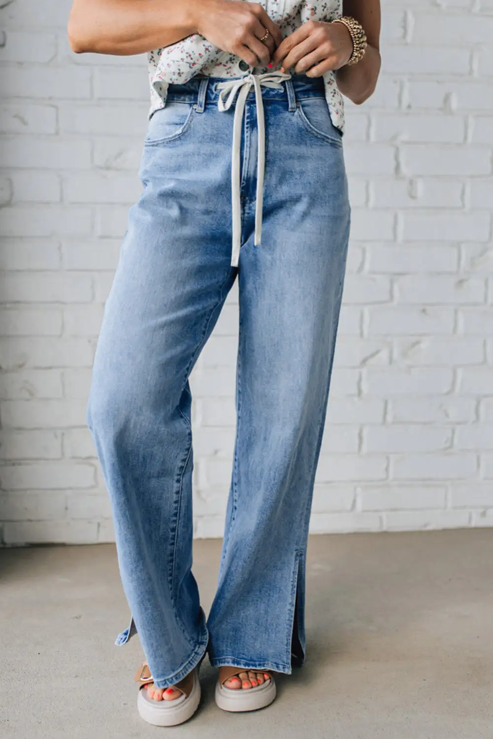 Slit Leg High Rise Drawstring Casual Jeans