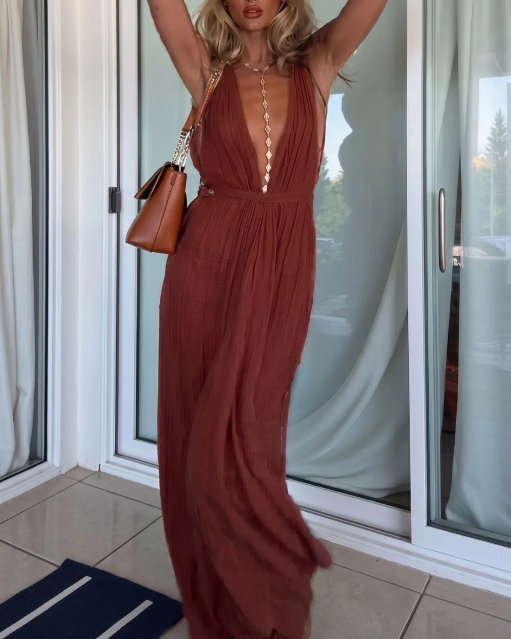 V-Neck Lace-Up Pleated Jumpsuit