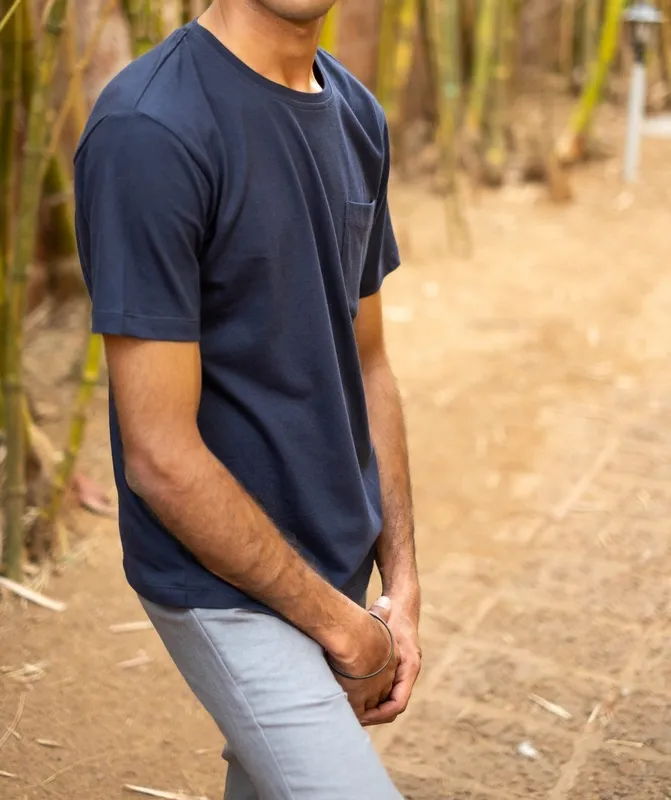 Deep Blue Cotton Pocket Crew Neck T-Shirt