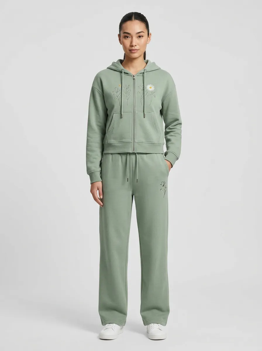 Women's Sage Green Wide-Leg Joggers Zip-Up Hoodie Jacket & Jogger Set
