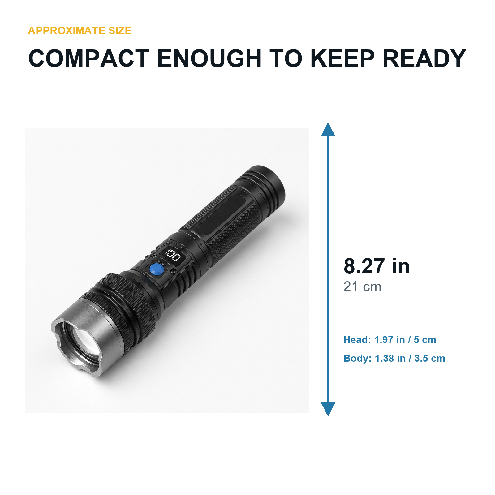 Rechargeable Zoom Flashlight with Digital Display & Power Bank - Approximate Dimensions