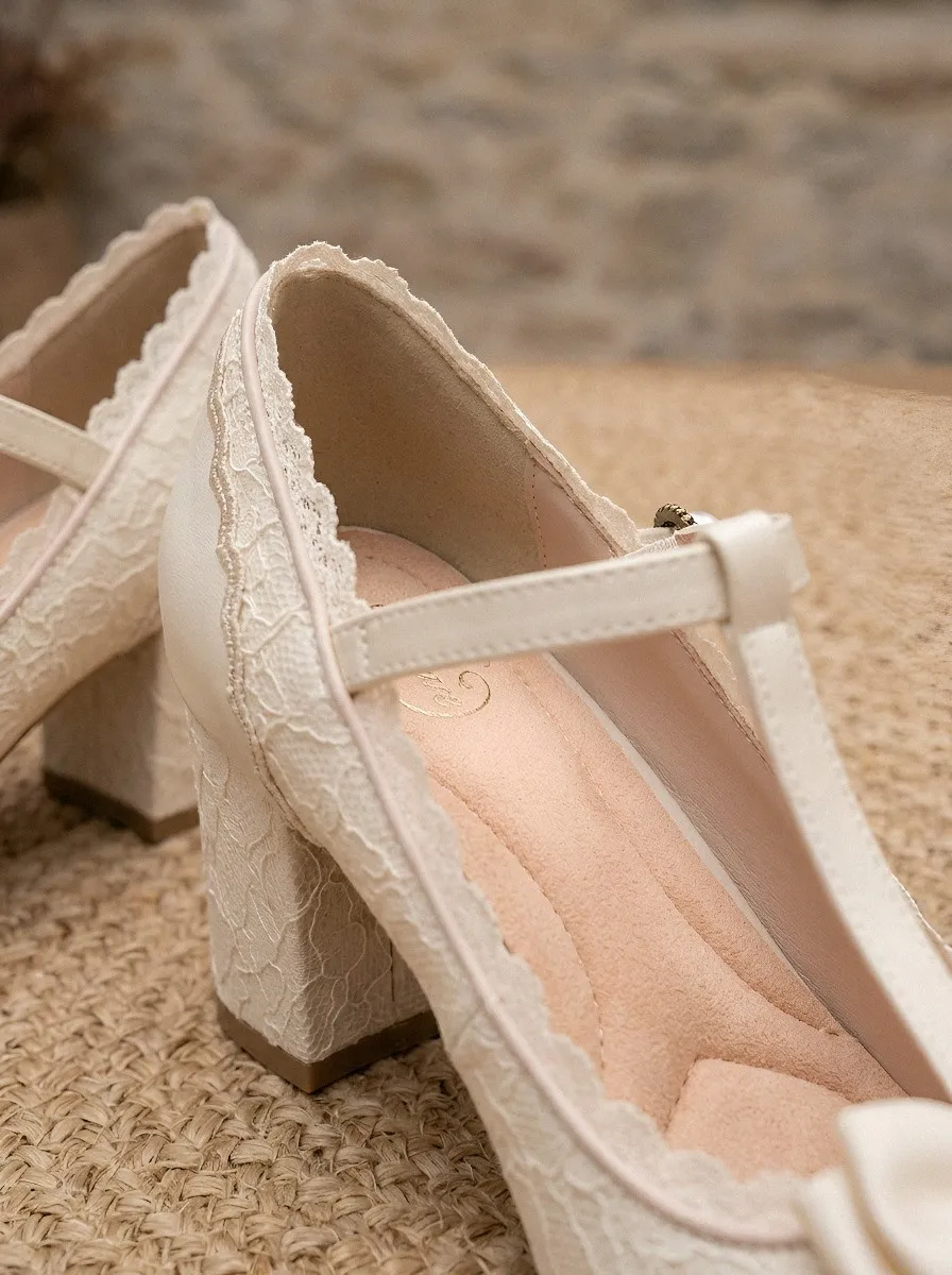 T-Strap Lace Pearl Bow Women's Bavarian Occasion Heels