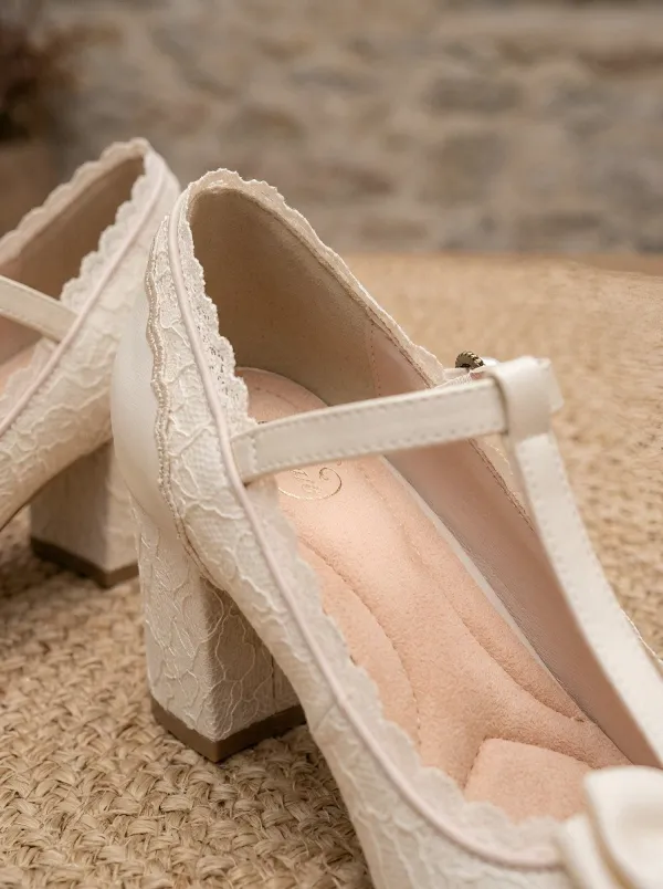 T-Strap Lace Pearl Bow Women's Bavarian Occasion Heels