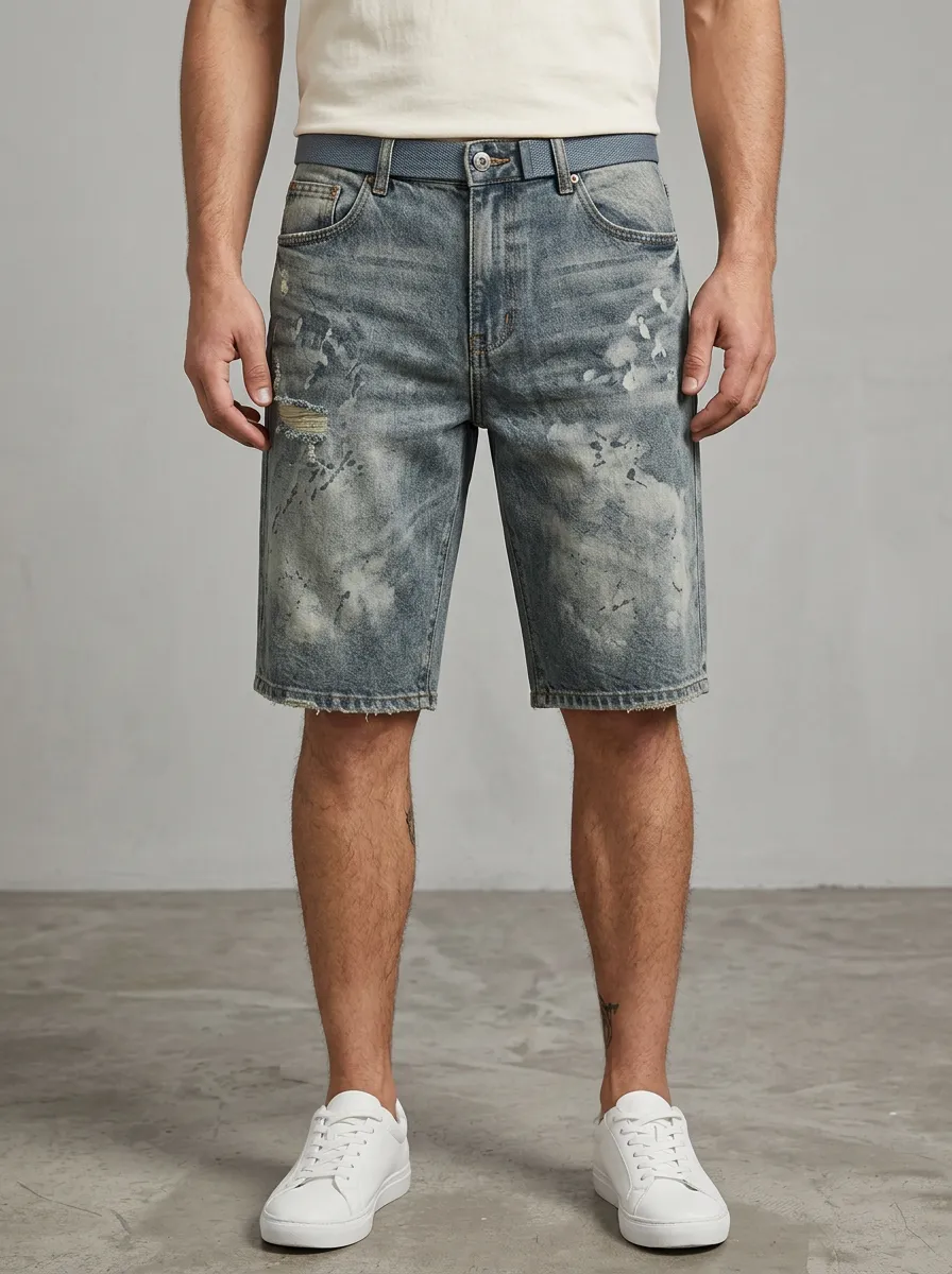 Men's Paint Splatter Distressed Distressed Denim Shorts