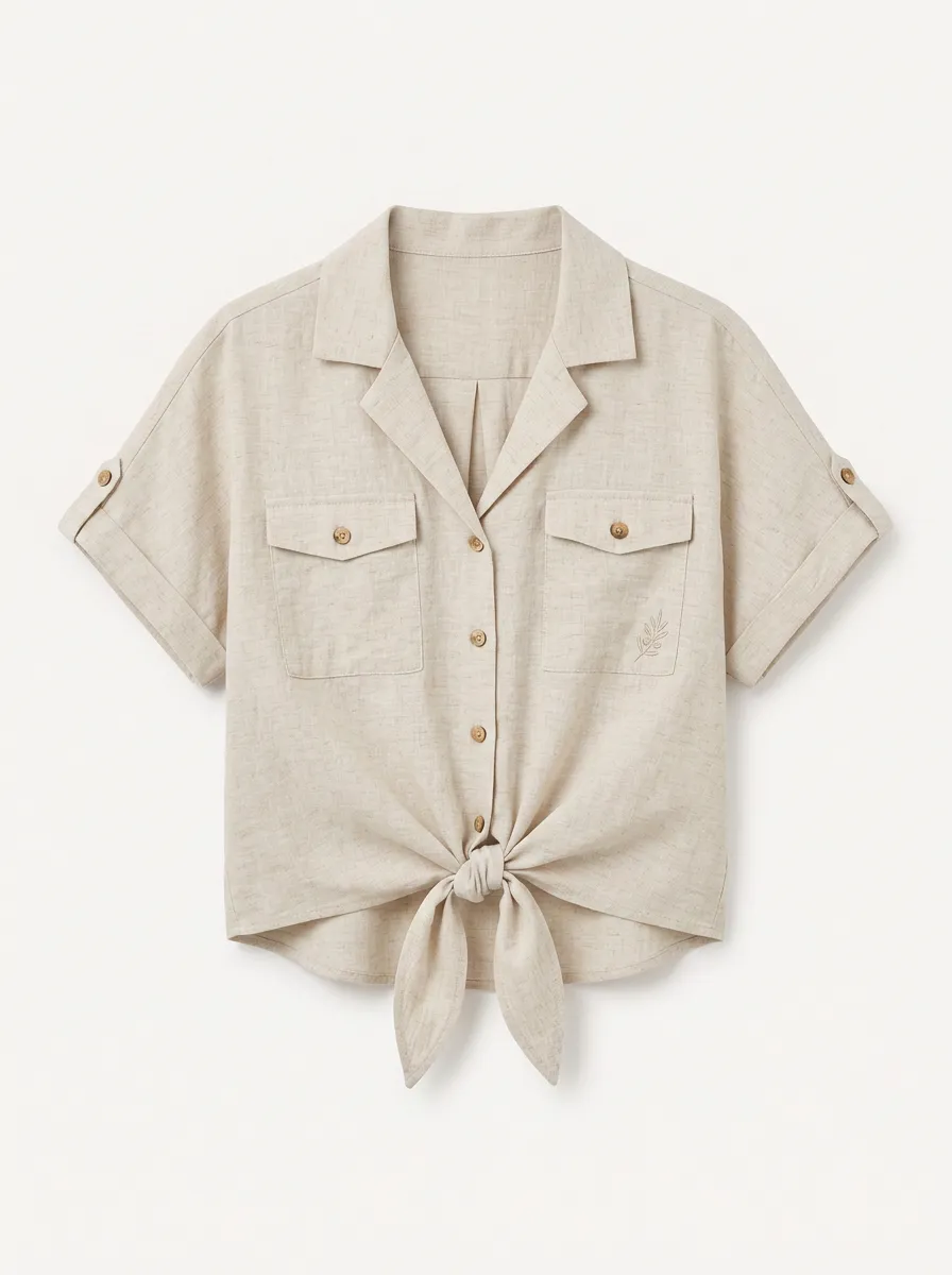 Women's Botanical Leaf Embroidered Linen Blend Tie-Front Shirt
