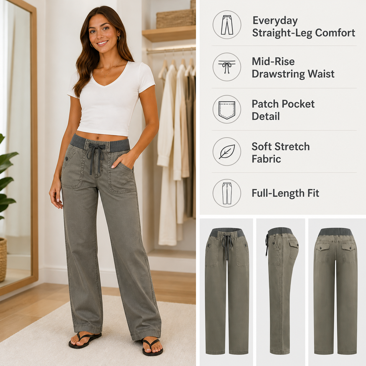 Women's solid seam detail drawstring mid-rise straight-leg pants detail