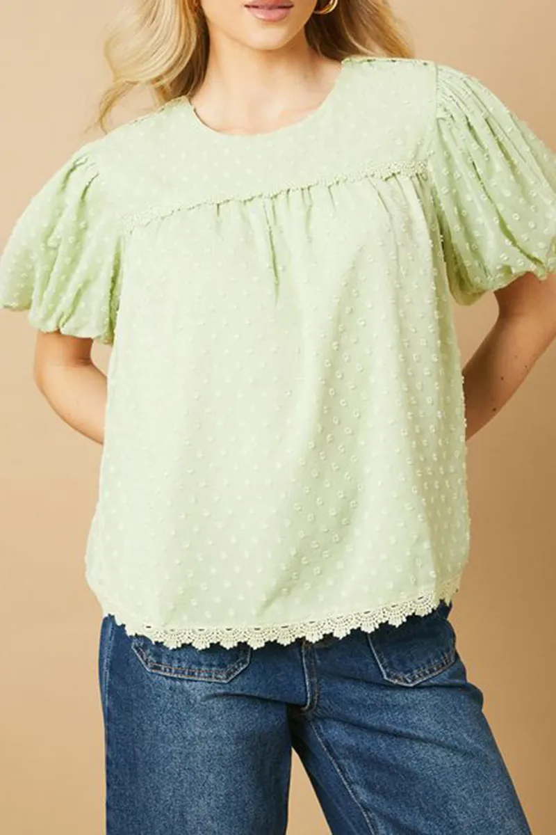 Casual Style Crew Neck Puff Sleeve Blouse