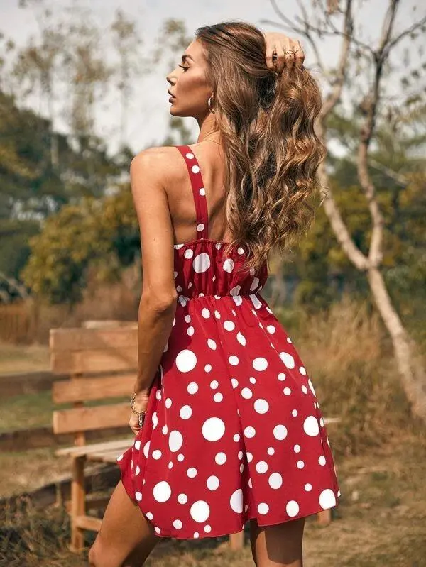 Women Polka Dot Ruched Knot Cami Dress