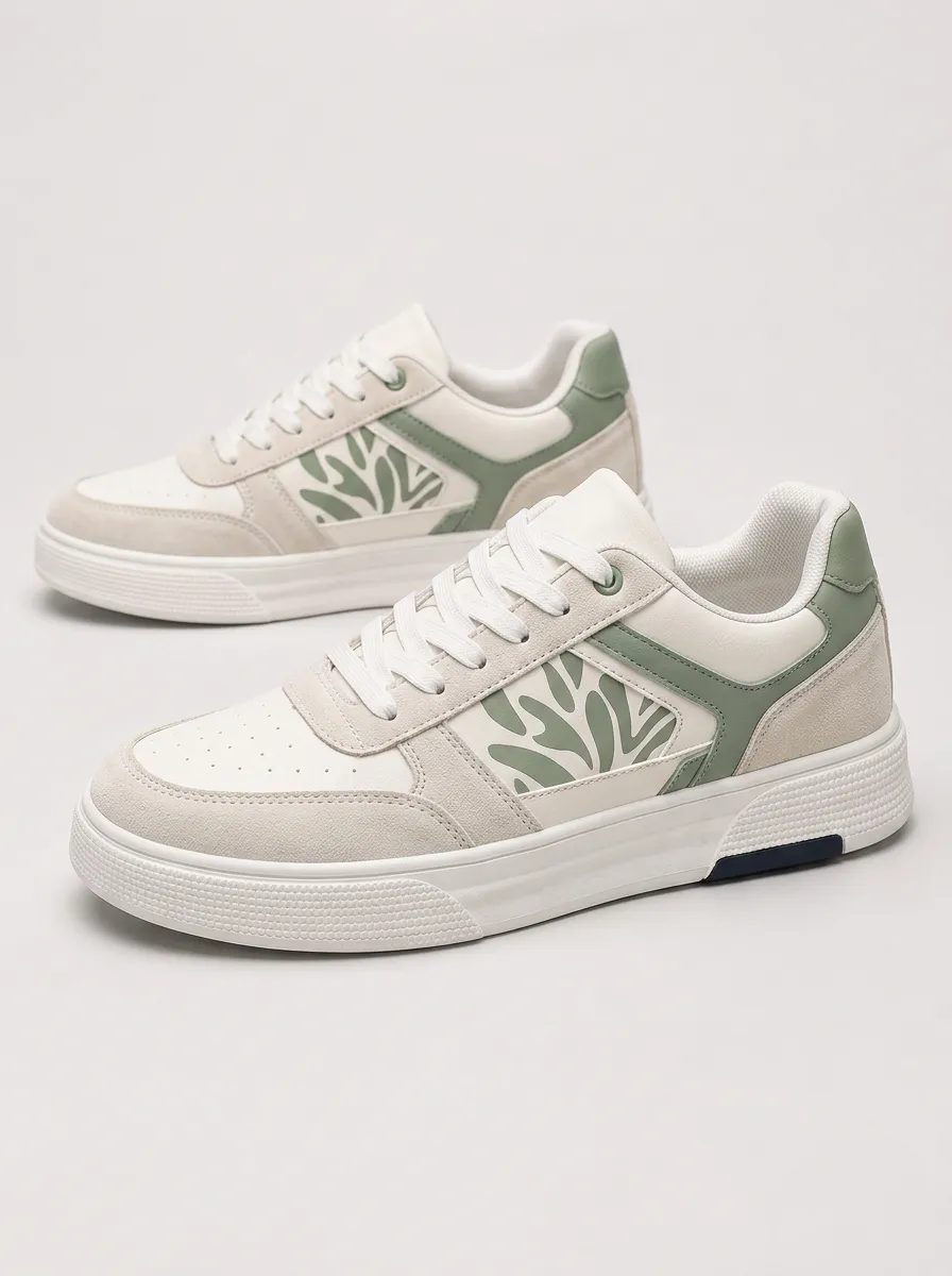 Men's Minimalist Sage Green Leaf Pattern Printed Sneakers