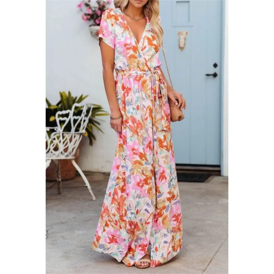 Printed Surplice Short Sleeve Tie Waist Maxi Dress