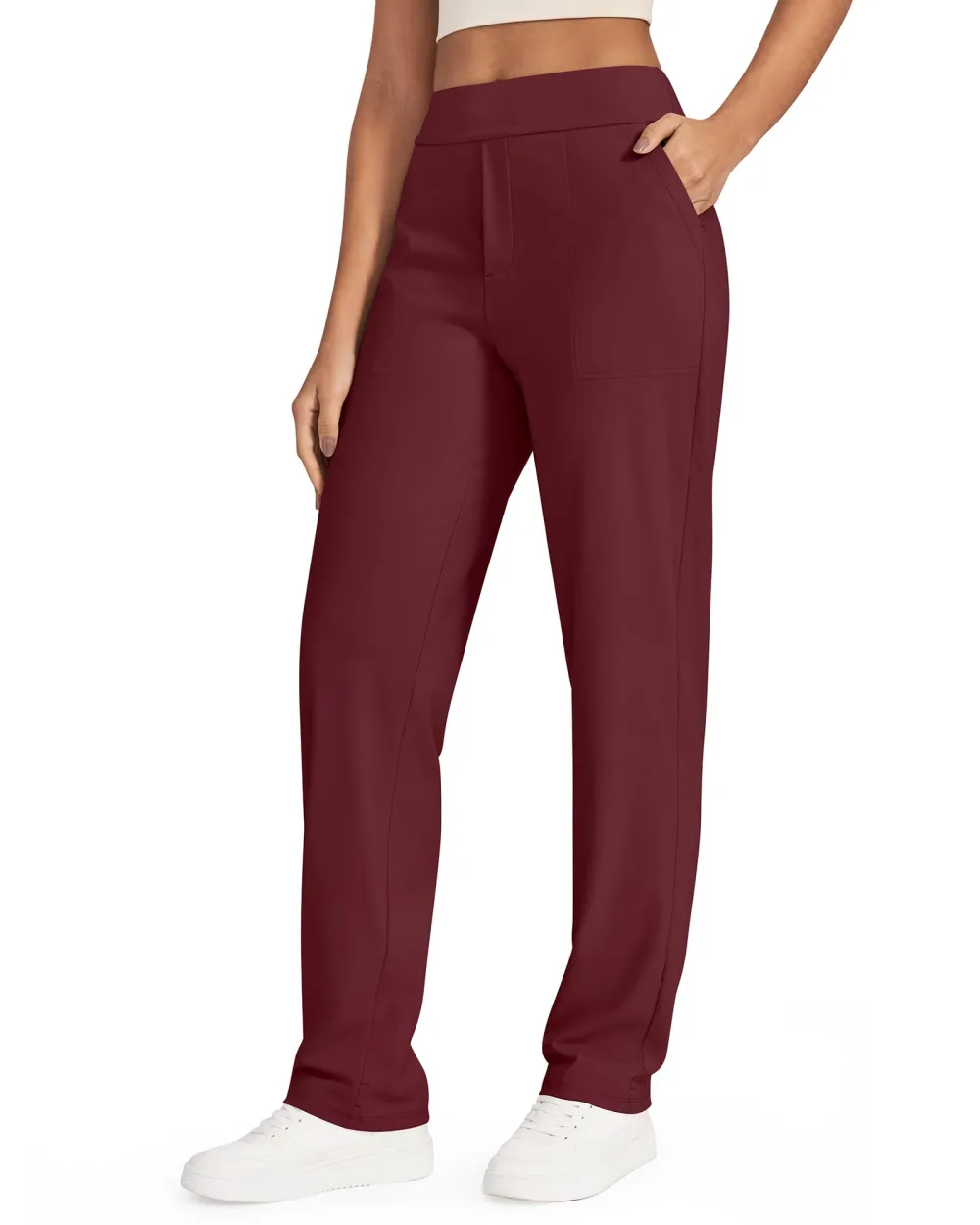 Women's High Elasticity Midrise Straight Leg Pants - Dark Burgundy