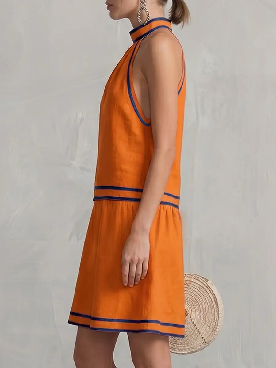 A Line Sleeveless Contrast Color Pocket Zipper Halter Neck Mini Dress