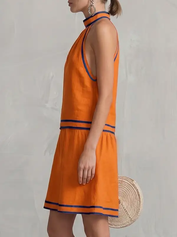 A Line Sleeveless Contrast Color Pocket Zipper Halter Neck Mini Dress