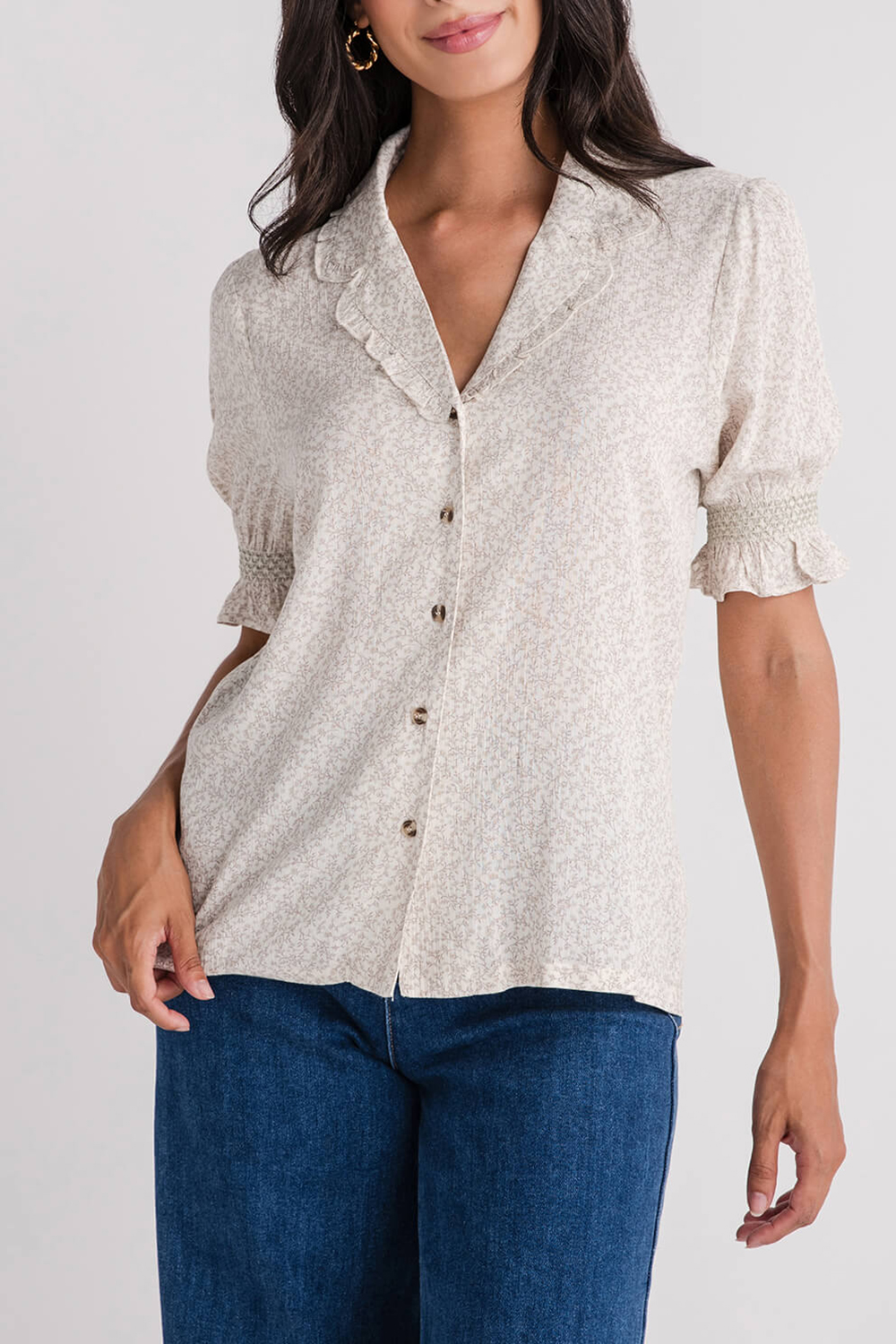 Print Smocked Sleeve Button Down Blouse - Ivory/Sage