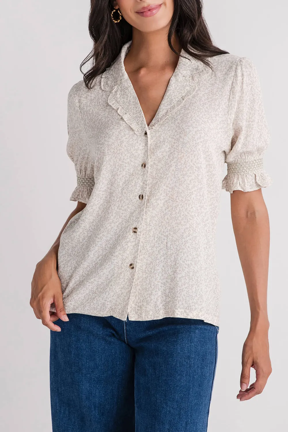 Print Smocked Sleeve Button Down Blouse - Ivory/Sage