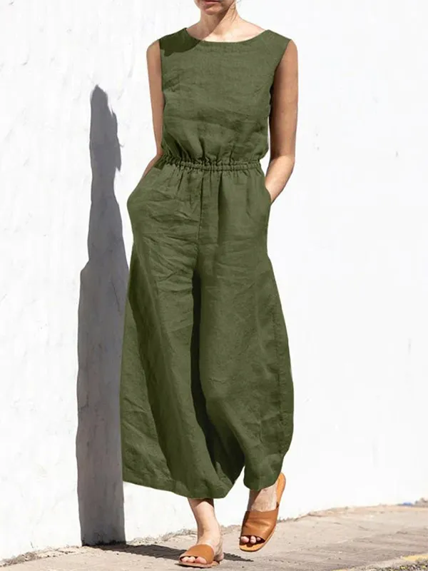 Sleeveless Wide Leg Elasticity Round-Neck Jumpsuit