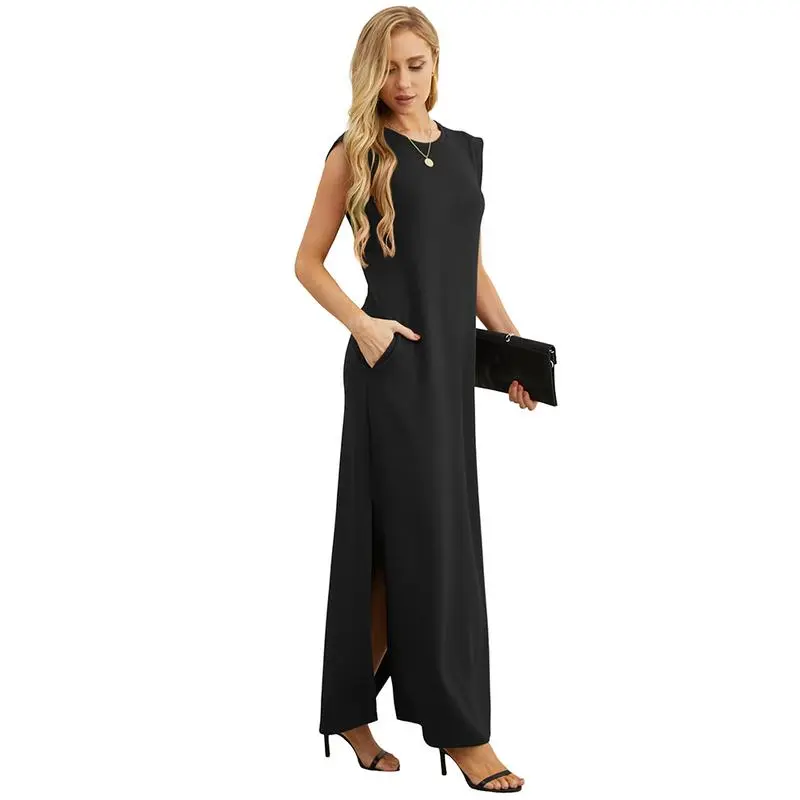 6PACK-Summer Round Neck Casual Loose Split Wrinkle-Free Long  Dress