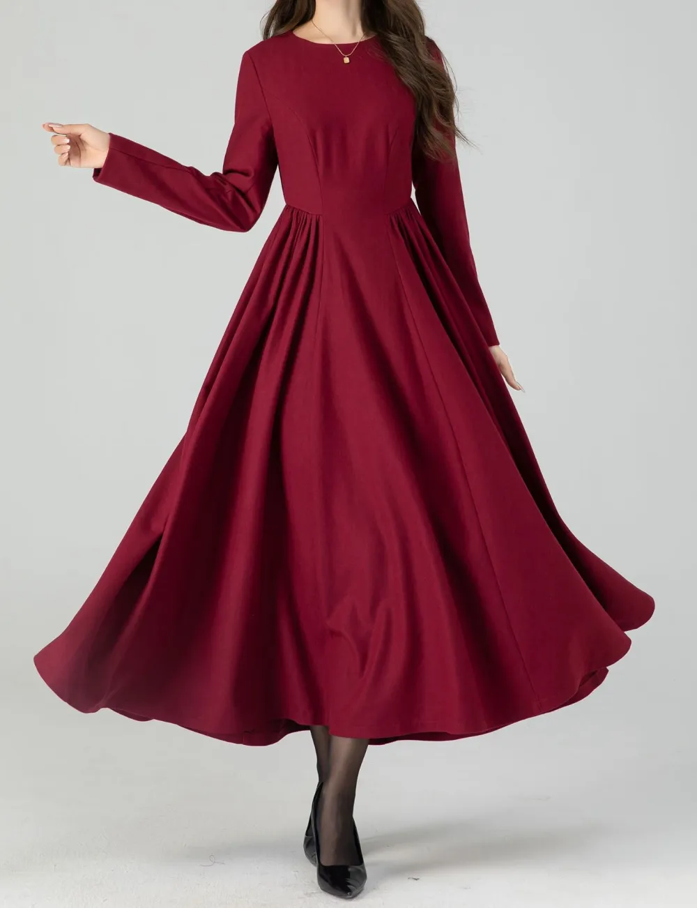 Classic Wool Blend Fit And Flare Pleated Long Sleeve Maxi Dress