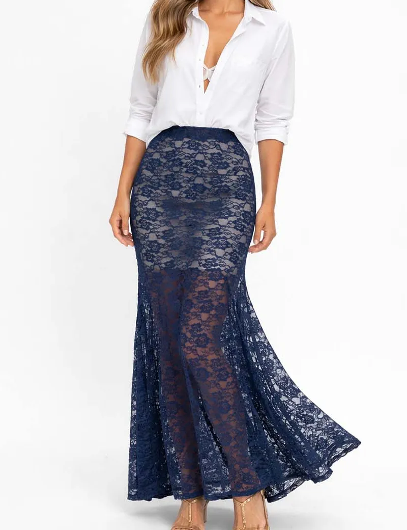 Chic Lace Flared Hem Maxi Skirt