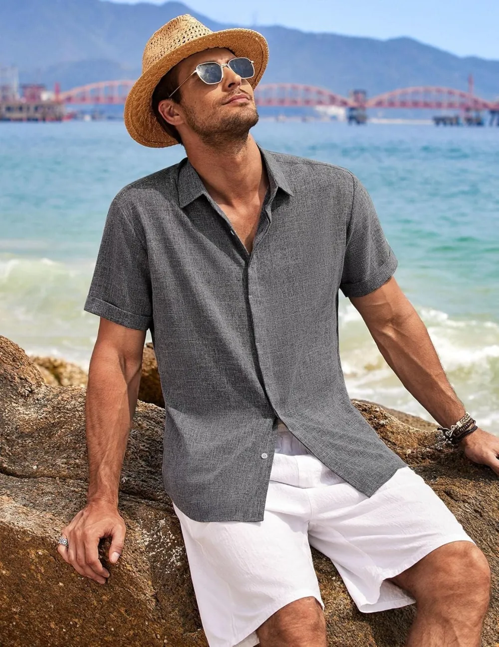 Men's Linen Shirts Short Sleeve Casual Shirts Button Down Shirt for Men Beach Summer Wedding Shirt