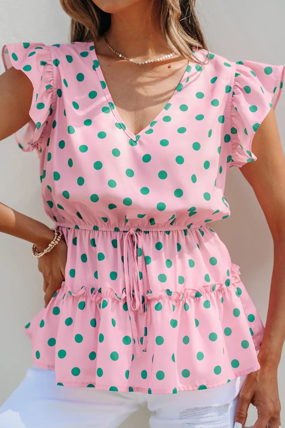 Ruffled V-Neck Dot Print Blouse