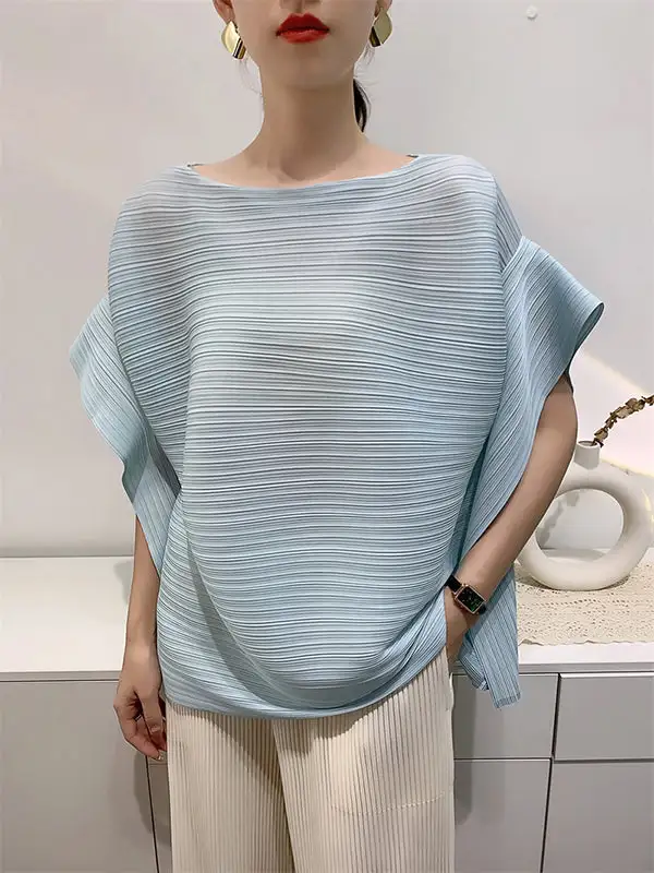 Batwing Sleeve Relaxed Pleat Detail Round Neck T-Shirt