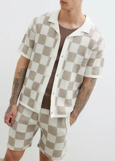 Brown And White Men's Knitted Plaid Shirt