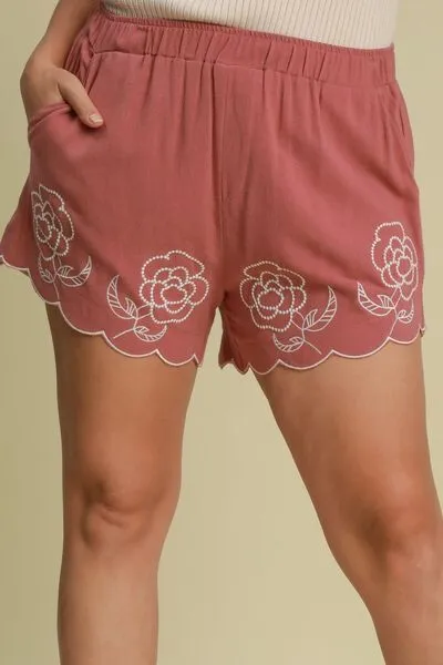 Full Size Linen Blend Shorts with Floral Embroidered Details Plus Size