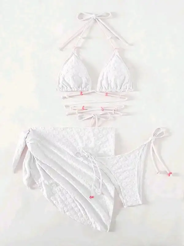 Layered Floral Lace Pattern Bikini Swim Set