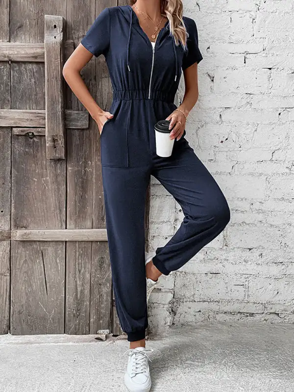 Hooded Zip Loose Cargo Jumpsuit