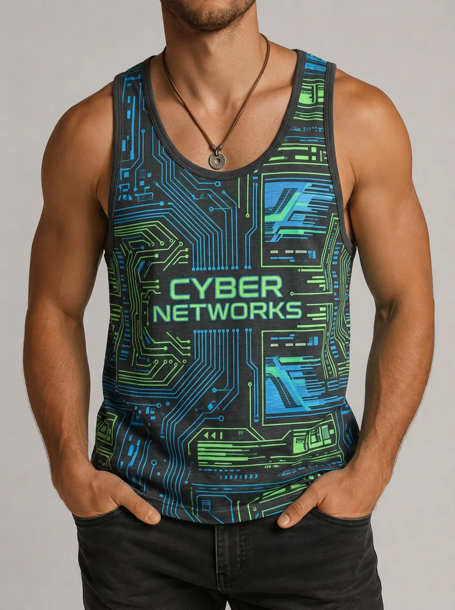 Men's Cyber Tech Geek Circuit Board Printed Tank Top