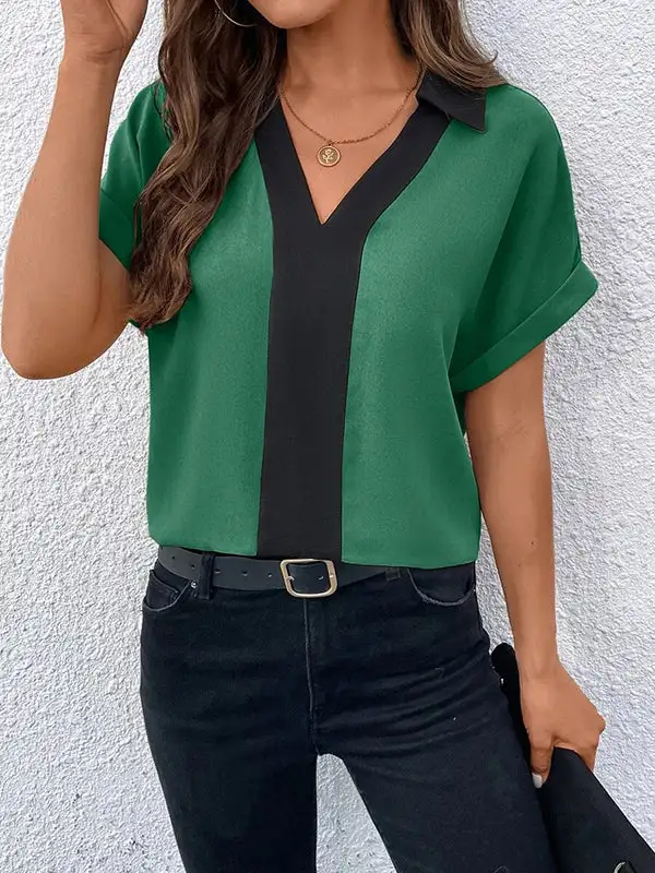 Relaxed Short Sleeve Contrast V-Neck T-Shirt