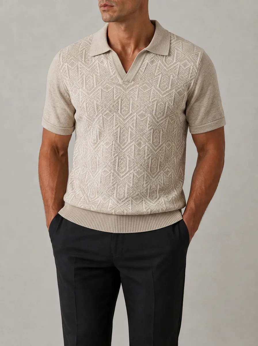 Men's Geometric Pattern Knit Polo Shirt Featuring Jacquard Texture