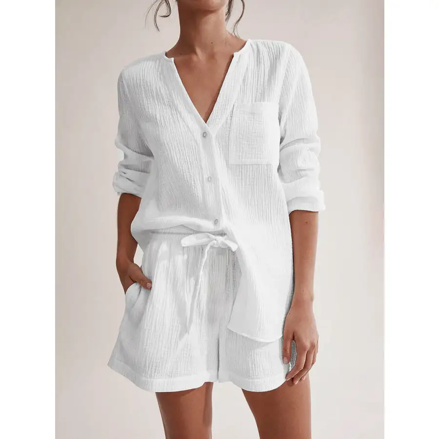 Relaxed Notched Long Sleeve Top and Shorts Set