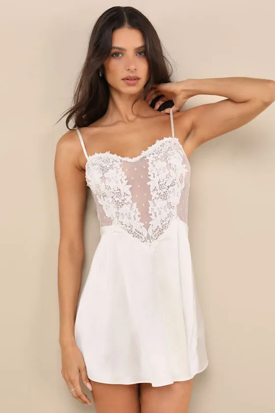 Damilia Ivory Sheer Lace Satin Lingerie Slip