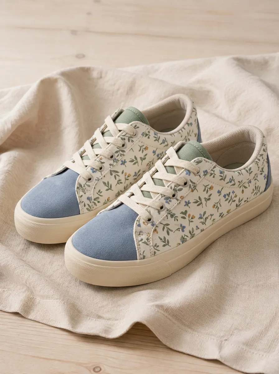 Women's Vintage Floral Blue Suede Printed Sneakers