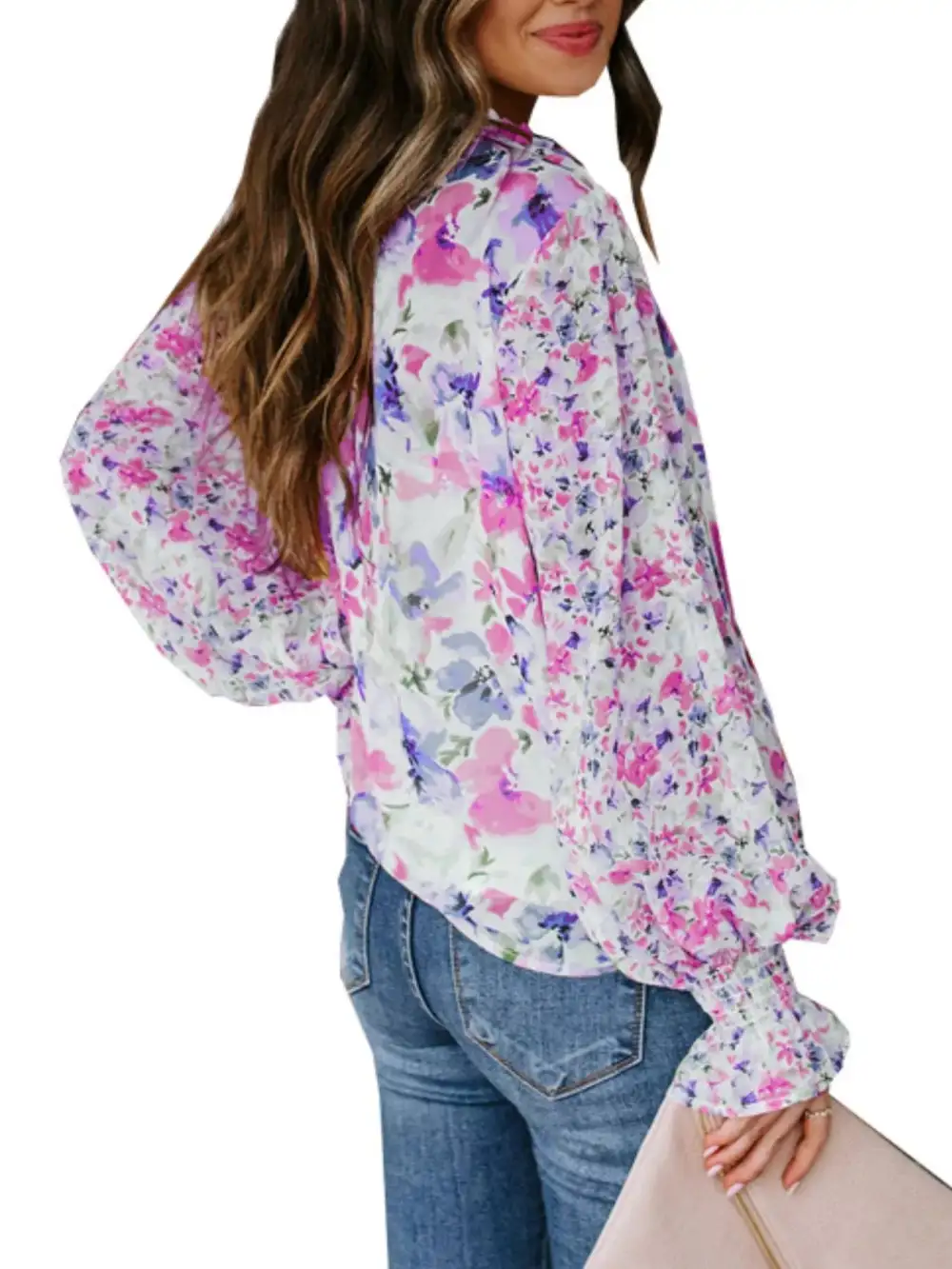 Floral Print Smocked Cuff Blouse Plus