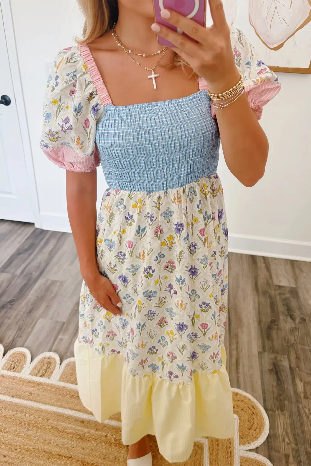 Floral Striped Square Neck Dress Casual