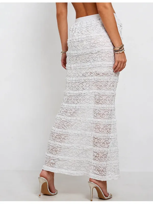 Tiered Ruffle Metallic Thread Trim Sheer Lace Maxi Skirt