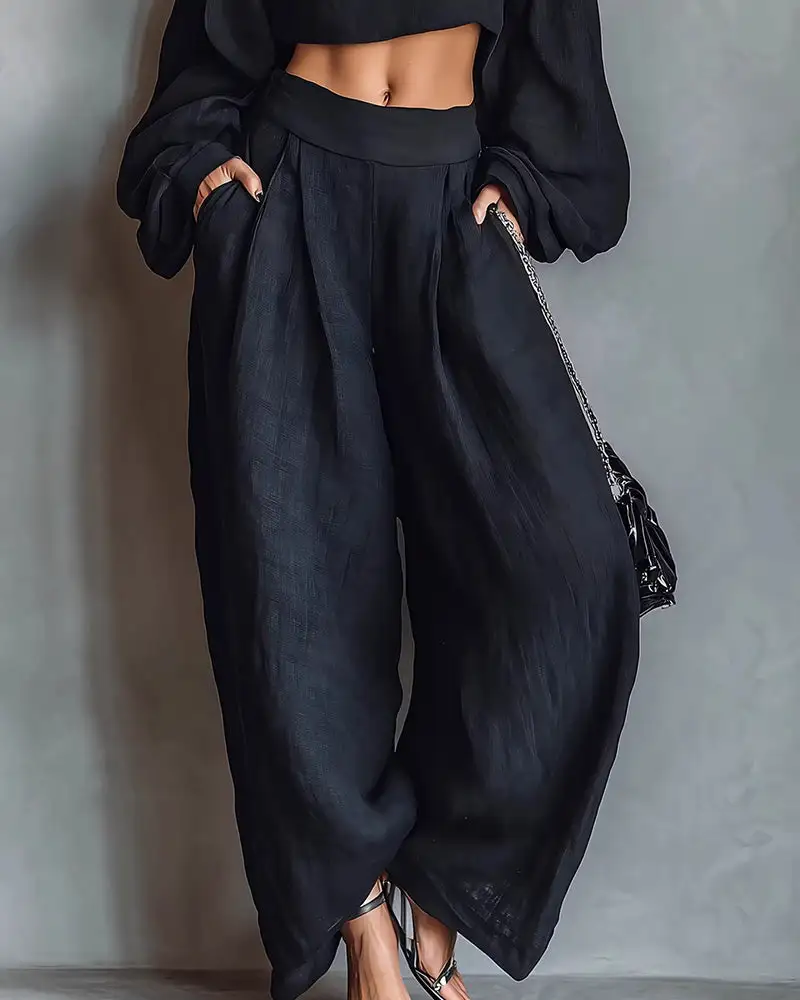Off-Shoulder Crop Top and Wide Leg Pants Two-Piece Set
